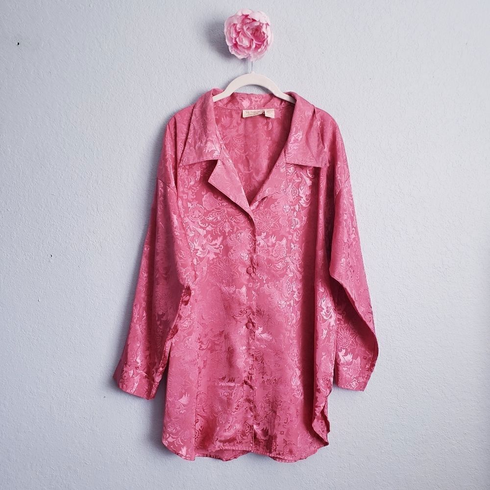VINTAGE Gold Label Victoria's Secret Pink Satin Buttondown Sleep Shirt